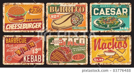 Fast food metal plates rusty, burgers and sandwiches menu vector retro posters. Fastfood bistro and restaurant cheeseburger, grill and salads, Mexican taco and nachos, cafe metal plate signs with rust Fast food metal plates rusty, burgers and sandwiches menu vector retro posters. Fastfood bistro and restaurant cheeseburger, grill and salads, Mexican taco and nachos, cafe metal plate signs with rust 83776488