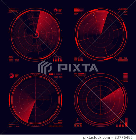 HUD military radar or sonar display of target detection, ui or gui design. Futuristic navigation system vector head up display with red neon radar grids, sight circle, blip signals on black background 83776495
