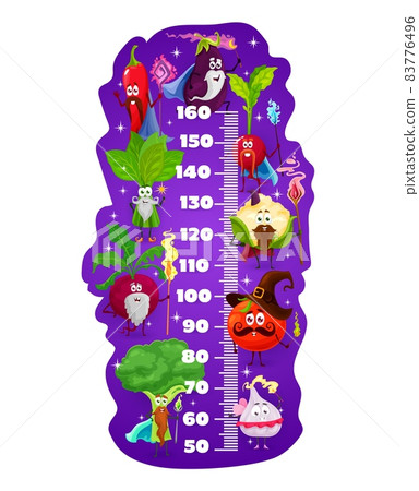 Kids height chart cartoon magicians wizards. Gowth meter ruler vector scale with vegetable sorcerers, funny tomato and garlic characters, eggplant, radish or broccoli, spinach personages wall sticker 83776496