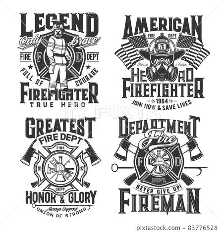 Tshirt prints with firefighter and equipment gas mask, glasses and helmet with ax. Vector emblems for apparel design. Fire department rescue team emergency service black and white t shirt labels set 83776528