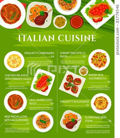 Italian cuisine food and pasta menu, Italy restaurant traditional dishes and national meals, vector. Italian food spaghetti Carbonara, Bolognese and tagliatelle pasta with shrimps, veal meat steaks 83776546
