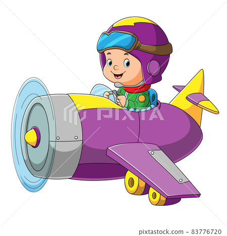 The boy is flight a plane with the safety helmet  83776720
