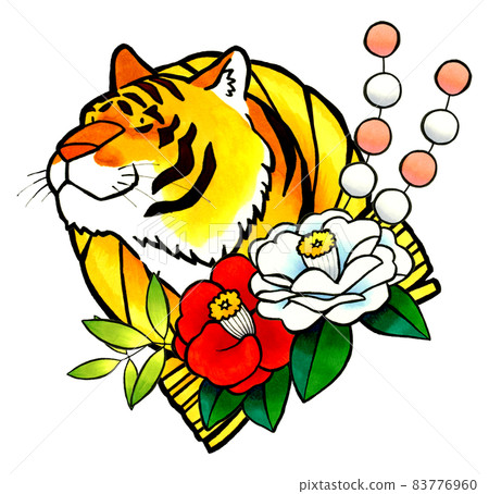 從新年裝飾中出現的老虎的華麗手繪插圖2022年老虎新年賀卡材料透明背景（PNG） 83776960