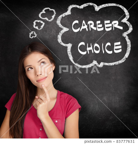 Career choice student thinking of choosing a job and profession pensive about the future. Asian girl with thought bubble drawing illustrating her dream and decisions about life. 83777631