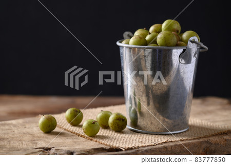 Wild Indian gooseberry or amla in a silver bucket on wooden with black background Wild Indian gooseberry or amla in a silver bucket on wooden with black background 83777850