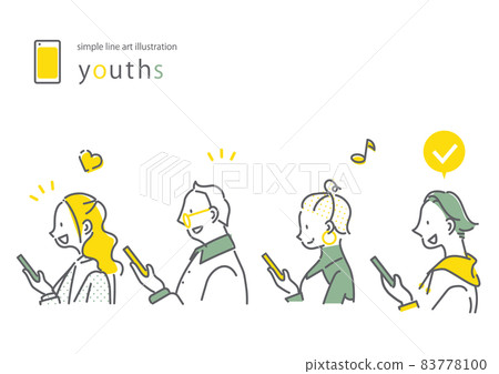 一組 4 位年輕人舒適地使用智能手機 簡單而時尚的線條畫插圖 一組 4 位年輕人舒適地使用智能手機 簡單而時尚的線條畫插圖 83778100