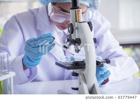 Closeup Woman scientist hand use dropper in lab look at science microscope medical test, research biology chemistry. Females technician laboratory analyzing blood scientific pharmaceutical research. Closeup Woman scientist hand use dropper in lab look at science microscope medical test, research biology chemistry. Females technician laboratory analyzing blood scientific pharmaceutical research. 83779447