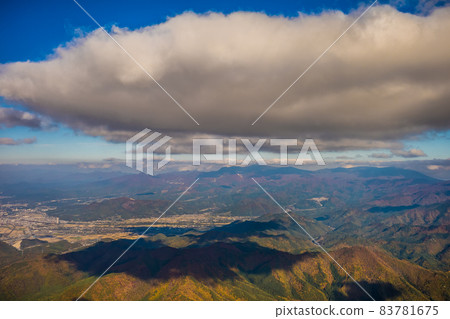 Aerial view of autumnal mountains from a paraglider over Takatsumujiyama. Nanyo City, Yamagata Prefecture Aerial view of autumnal mountains from a paraglider over Takatsumujiyama. Nanyo City, Yamagata Prefecture 83781675