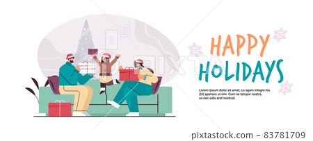 family in santa hats holding gifts new year christmas holidays celebration concept horizontal lettering greeting card 83781709