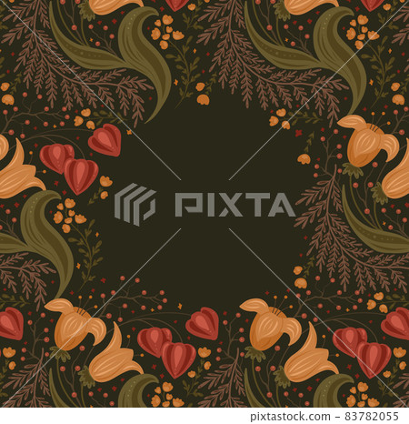 Card with autumn pattern with flowers, berries, physalis and place for text. Card with floral ornament on dark background. Vector natural template Card with autumn pattern with flowers, berries, physalis and place for text. Card with floral ornament on dark background. Vector natural template 83782055