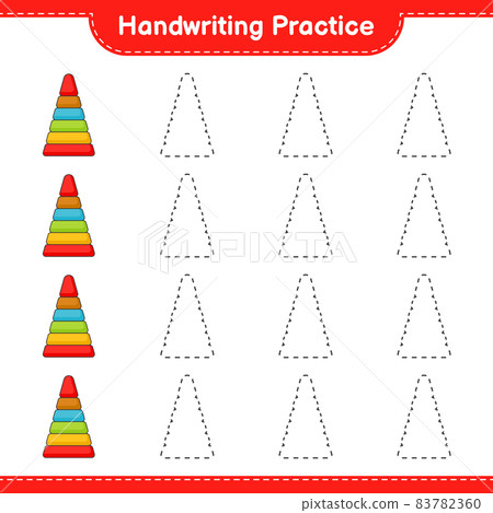 Handwriting practice. Tracing lines of Pyramid Toy. Educational children game, printable worksheet, vector illustration 83782360