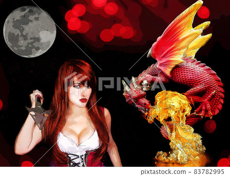 Woman Warrior Dragon Slayer with Spear Illustration 83782995