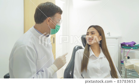 A portrait of a dentist and Asian patient talking, smiling at hospital clinic. Teeth check up with dental tools. Doctor. Dentistry, medical and health. People. 83783653