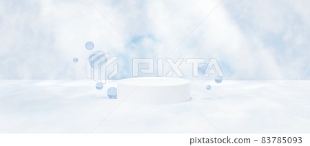 3D rendering / 3D illustration) A columnar exhibition stand on a bright abstract background like a light blue marble, an empty space, spring and summer 83785093