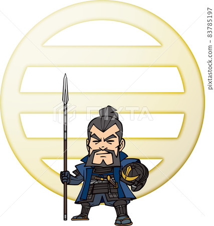 手持長矛和頭盔的佐久間信守立像[3頭和家徽] 83785197