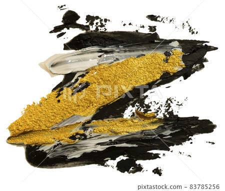 White, gold and black oil brush stroke zig zag Z letter shape. Hand drawn abstract varnish splash trace shape. Glossy hand drawn oil paint smear on white background. EPS10 vector illustration. White, gold and black oil brush stroke zig zag Z letter shape. Hand drawn abstract varnish splash trace shape. Glossy hand drawn oil paint smear on white background. EPS10 vector illustration. 83785256