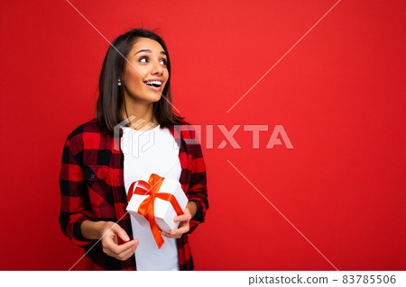 Photo of positive happy smiling young fascinating beautiful attractive nice brunette woman with Photo of positive happy smiling young fascinating beautiful attractive nice brunette woman with 83785506