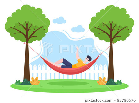 People Lying on Hammock in Park Flat Cartoon Vector Illustration. Summer Vacation Outdoor Picnic Between Two Trees People Lying on Hammock in Park Flat Cartoon Vector Illustration. Summer Vacation Outdoor Picnic Between Two Trees 83786570