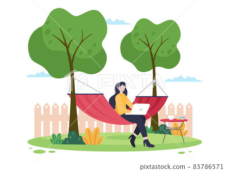 People Lying on Hammock in Park Flat Cartoon Vector Illustration. Summer Vacation Outdoor Picnic Between Two Trees People Lying on Hammock in Park Flat Cartoon Vector Illustration. Summer Vacation Outdoor Picnic Between Two Trees 83786571