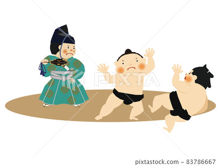 Illustration material for sports. Sumo clip art. Wrestlers and Gyoji. Dohyo. Image of Kokugikan. 83786667