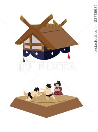 體育插圖素材。相撲剪貼畫。摔跤手和行治。道孝。國技館的形象。 83786683