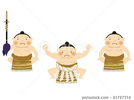 Illustration material for sports. Sumo clip art. Wrestlers and Gyoji. Dohyo. Image of Kokugikan. Entering the ground. beside 83787358