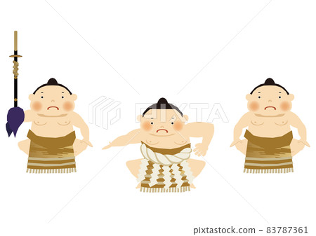 體育插圖素材。相撲剪貼畫。摔跤手和行治。道孝。國技館的形象。進入地面。旁 83787361