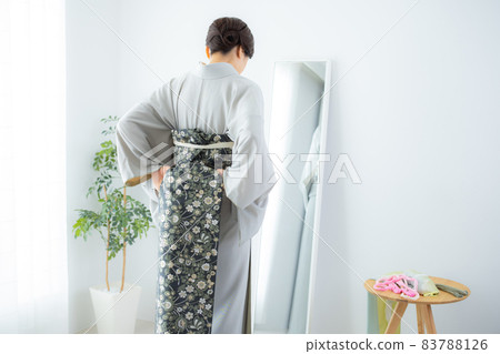A woman who wears a kimono by herself A woman who wears a kimono by herself 83788126