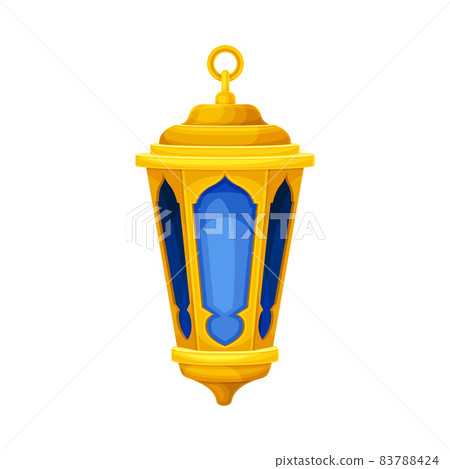 Arabic vintage golden lantern. Blue Ramadan lamp, traditional muslim symbol vector illustration Arabic vintage golden lantern. Blue Ramadan lamp, traditional muslim symbol vector illustration 83788424
