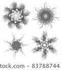 Set of four black snowflakes on a white background. Abstract computer generated fractal image of a snowflake. Illustration, isolate. 83788744