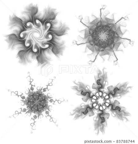 Set of four black snowflakes on a white background. Abstract computer generated fractal image of a snowflake. Illustration, isolate. Set of four black snowflakes on a white background. Abstract computer generated fractal image of a snowflake. Illustration, isolate. 83788744