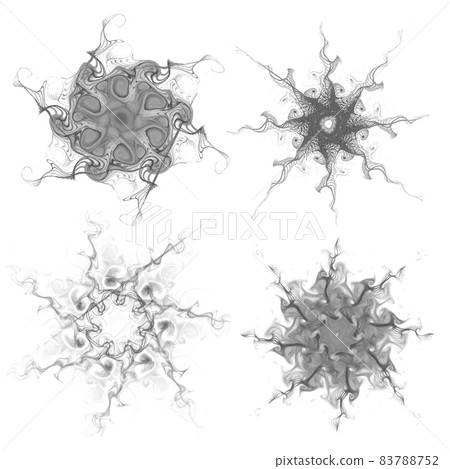 Set of four black snowflakes on a white background. Abstract computer generated fractal image of a snowflake. Illustration, isolate. 83788752