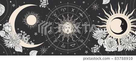 Black magic banner for astrology, fortune telling, horoscopes. Space background. Black magic banner for astrology, fortune telling, horoscopes. Space background. 83788910