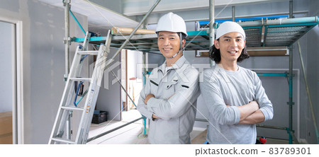 Portrait banner size of the construction site director and two carpenters 83789301