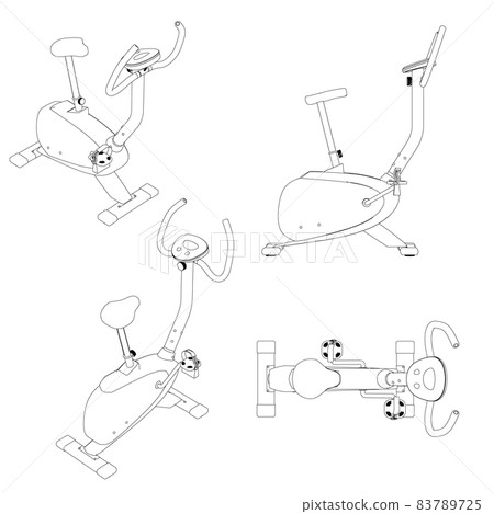 Set with contours of an exercise bike with different views from black lines, Isolated on white background. Top, side, isometric view. Vector illustration Set with contours of an exercise bike with different views from black lines, Isolated on white background. Top, side, isometric view. Vector illustration 83789725