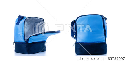 Delivery bag set. Blue camping freezer collection, cooler box for cold lunch food isolated on white background. Delivery bag for for office, school, university or travel. 83789997
