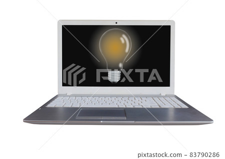 Laptop computer with light bulb on black screen ,white background. Laptop computer with light bulb on black screen ,white background. 83790286