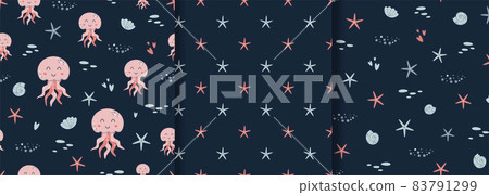 Baby sea pattern set. Marine animals seamless pattern Cute sea animals print. Pink jellyfish kids textile design. Starfish, seashells dark ocean background collection. Vector illustration. 83791299