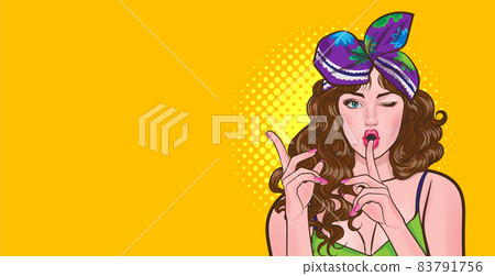 woman looking and point her hand finger on lips 83791756