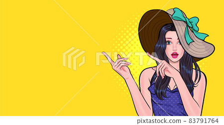 surprised woman with big hat looking and point her hand to space 83791764