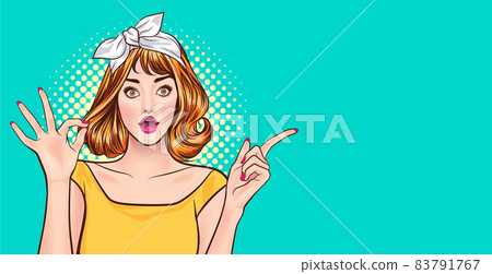 surprised woman looking with okay gesture and point 83791767