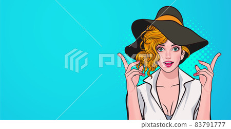 smiling woman with big hat looking and pointing up smiling woman with big hat looking and pointing up 83791777