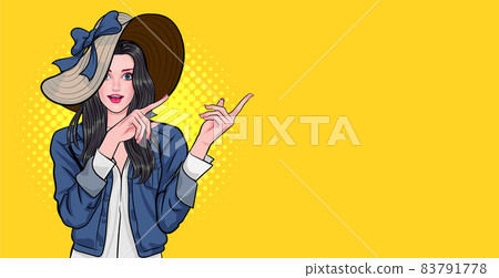 smiling woman with big hat looking and point her hand smiling woman with big hat looking and point her hand 83791778