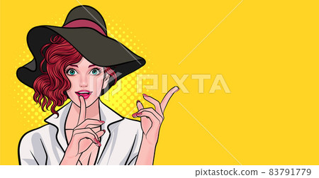 smiling woman with big hat looking and point her hand finger on lips smiling woman with big hat looking and point her hand finger on lips 83791779