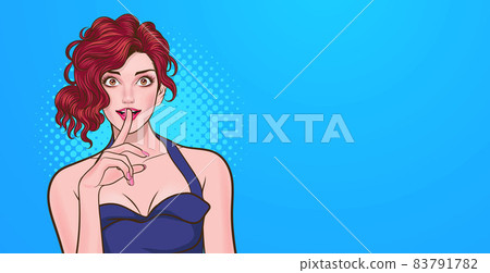 smile woman with finger on lips silence gesture 83791782