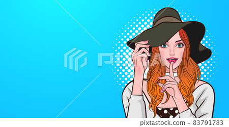 smile woman with hat finger on lips silence gesture 83791783