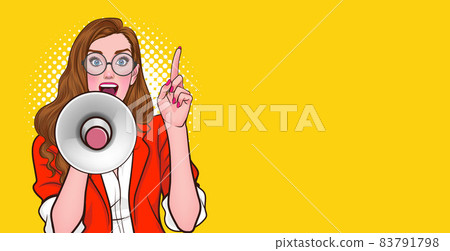 business woman in glasses with megaphone saying something 83791798