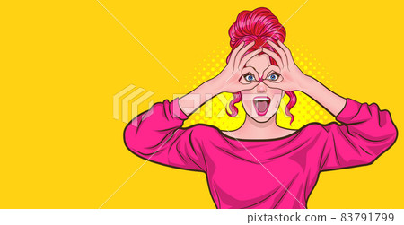 Amazed cute woman making glasses shape with her hands Amazed cute woman making glasses shape with her hands 83791799