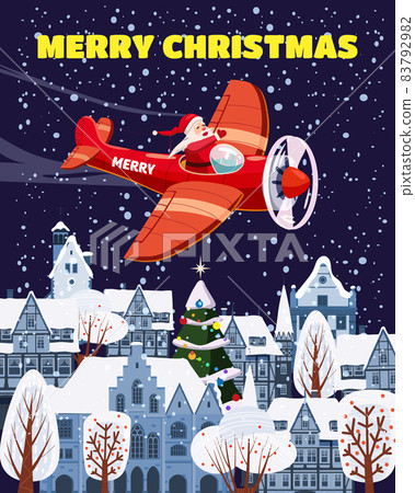 Santa Claus flying on vintage plane, delivering gift boxes, night city background. Christmas poster, banner retro cartoon style illustration 83792982