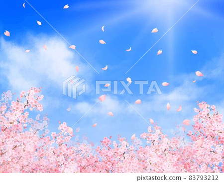 美麗絢麗的櫻花花瓣在春天的清新藍天中飄揚 雲框背景矢量素材插畫 83793212